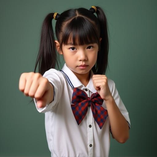 Schoolgirl shown in a fighting stance ready to punch. She looks determined. Hair styled in pigtails. Wearing a school uniform with a bow tie. Looking directly at the viewer.