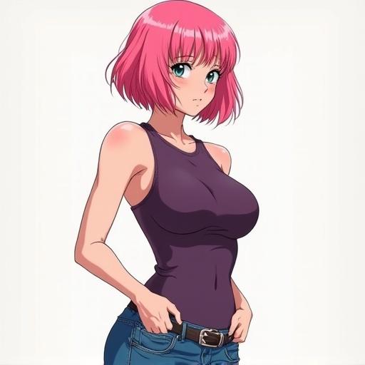 Drawing in Akira Toriyama style featuring a woman with pink bob hair. She is 23 years old, wearing a dark purple tank top and blue microjeans. Focus on character design and features.