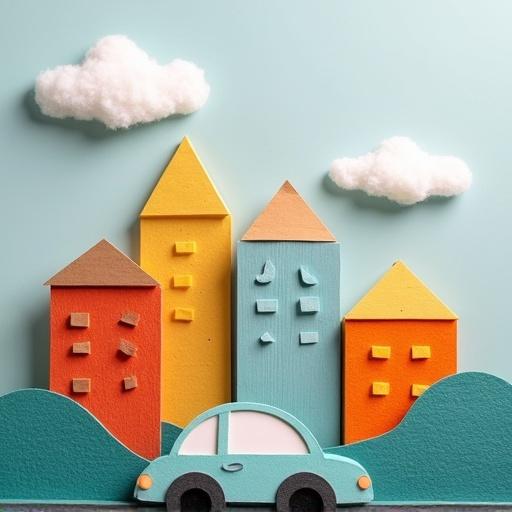 Layered paper buildings feature bright colors, a paper car sits on a felt road, soft cutout clouds decorate the background