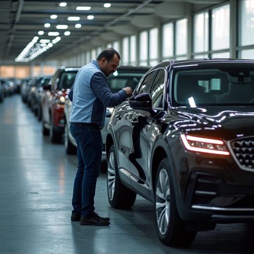 Person inspecting a black car in a dealership showroom environment. Various cars lined up in the background. Soft indoor lighting highlighting the vehicle features. Focus on the detailed interaction during inspection.
