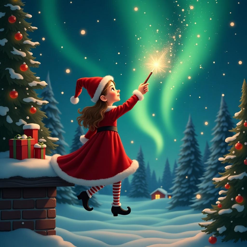 Traditional girl elf on the shelf in red looking up at the northern lights at the North Pole writing Elizabeth in the air with a magic wand.