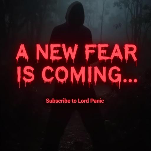 Dark horror aesthetic featuring a silhouette in low light. Glowing red title text. Text reads 'A New Fear is Coming...'. Bottom text says 'Subscribe to Lord Panic'. High contrast and spooky ambiance.
