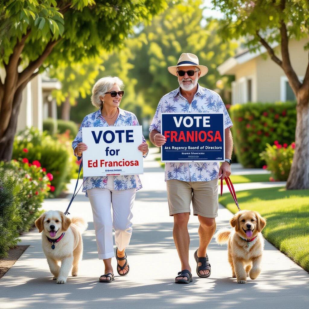 Elderly couple walks in a residential neighborhood in California. They wear summer clothes and hold signs about voting. One sign advocates for Ed Franciosa and another indicates a vote for the Regency Board of Directors. Two friendly dogs accompany them. It is a sunny day in a vibrant community.
