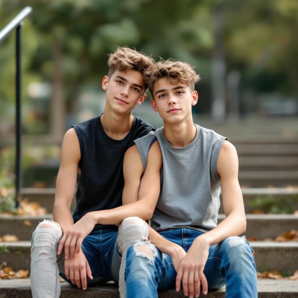 Portrait of two cute teen boys sitting on steps at the park. One boy is behind the other. Both are wearing sleeveless tees and short jeans. It is a warm day and the setting has lush greenery in the background.