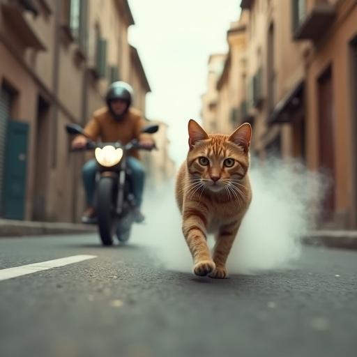 A cat runs rapidly in a narrow street, a woman rides a motorbike closely behind. Smoke trails from the cat's movement. The scene captures a fast-paced chase among buildings. The perspective is from a low angle to highlight the action.