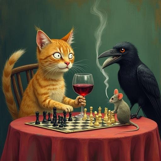 A whimsical scene features a cat intensely playing chess against a mouse. A crow observes, adding a comedic twist. The cat enjoys a glass of wine while the mouse smokes. The artwork is inspired by Leonard Baskin's style.