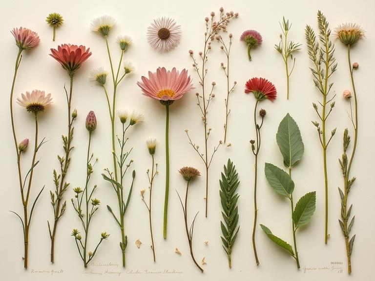 An acrylic still life styled like an old botanical plate featuring pressed women bodies on a parchment-textured surface. Color palette includes muted greens, soft creams, and dusty pinks with fine detail and handwritten-style labels. The mood evokes quietness, scholarly themes, and nostalgia.