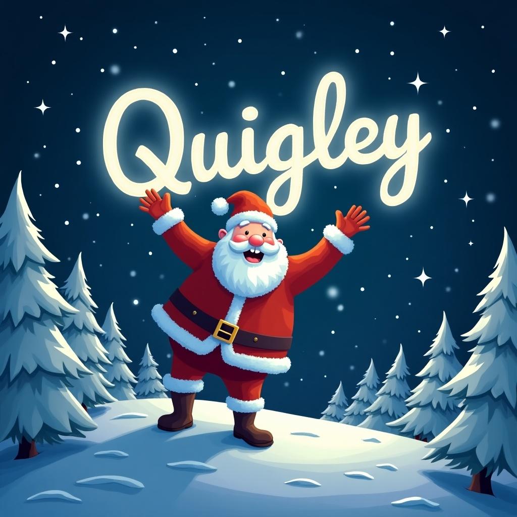 A magical scene features Santa Claus standing on a snowy hill at night. Santa cheerfully writes the name 'Quigley' in the starry sky with a soft glowing light. The landscape has snow-covered trees, enhancing the festive atmosphere. Stars twinkle brightly in the background, adding enchantment to the scene.