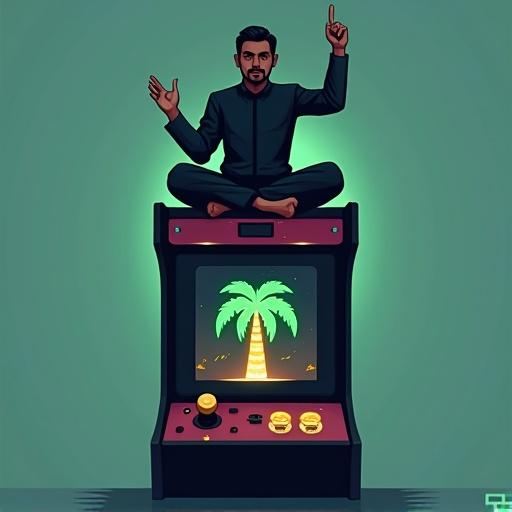 Minimalist 8-bit styled Malay man. Seated cross-legged on a retro arcade cabinet. Clad in a pixelated baju Melayu. Wearing a songkok. One hand raised triumphantly. Other hand gripping a chunky game controller. Screen shows abstract pixel art. Merging keris silhouette and coconut tree trunk. Neon green and gold colors used. Bold black outlines against muted teal background. Scanlines evoking retro gaming nostalgia. Fusing cultural identity and digital playfulness.