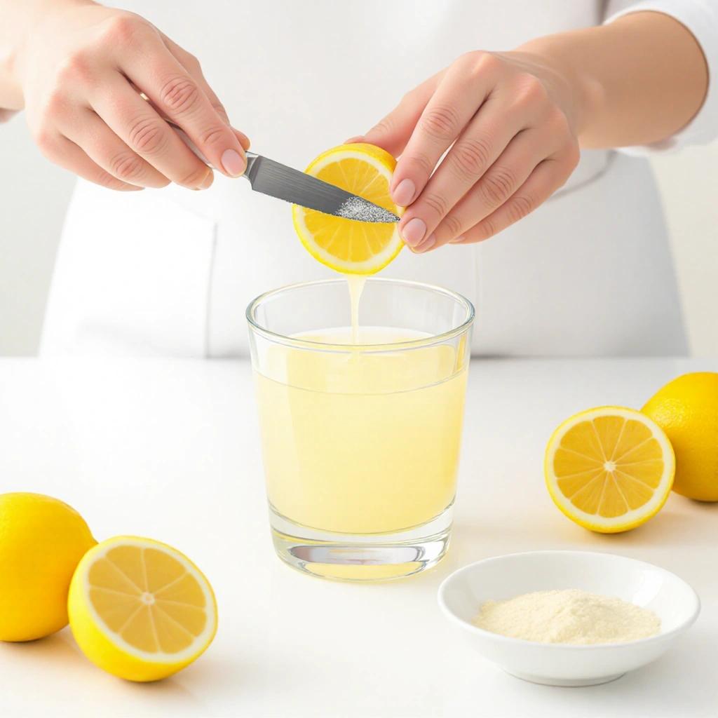 A person slices a lemon to prepare fresh lemonade using powdered mix. Lemon slices and a glass of lemonade are visible.