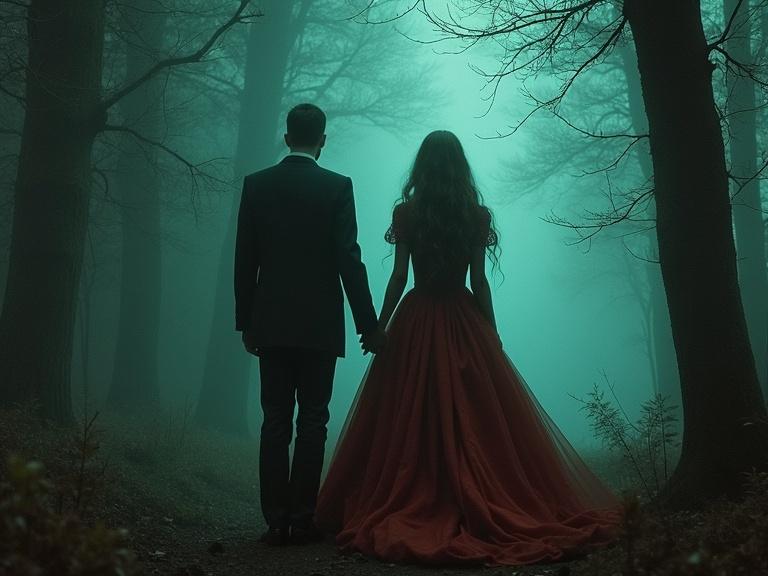 A couple stands hand in hand in a foggy forest. They are dressed in formal attire. The atmosphere is magical yet dystopian. The image has an autochrome effect.