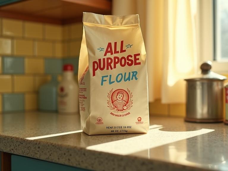 Close-up of vintage flour package on kitchen counter. Warm sunlight illuminates textured paper bag. Text reads 'All-Purpose Flour' in bold typography. Subtle kitchen elements in the background suggest 1960s design. Focus on the package details and nostalgic appeal.