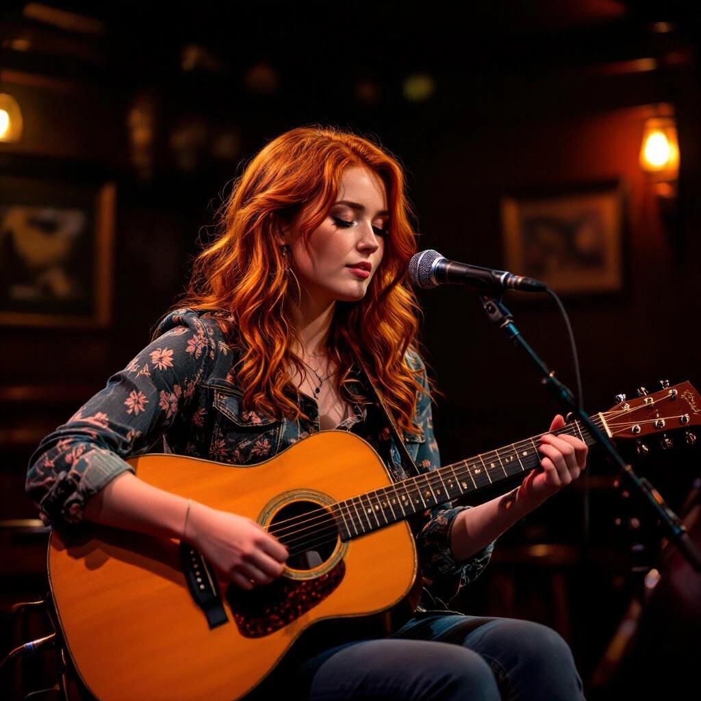 Large stage portrait of a girl in an Irish pub. She has red hair and is playing an acoustic guitar. The image is taken from a distance, emphasizing the stage setting. The atmosphere is dark and smoky.