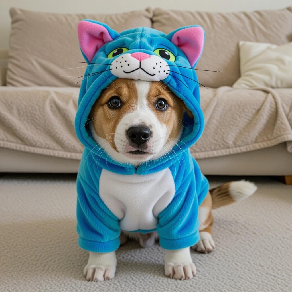 A dog dressed in a bright blue hoodie resembling a cat. The dog sits on a light carpet in a cozy living room. Couch is in the background. The dog has pointed ears and a playful expression. The image showcases the comfort and fun of pet costumes.