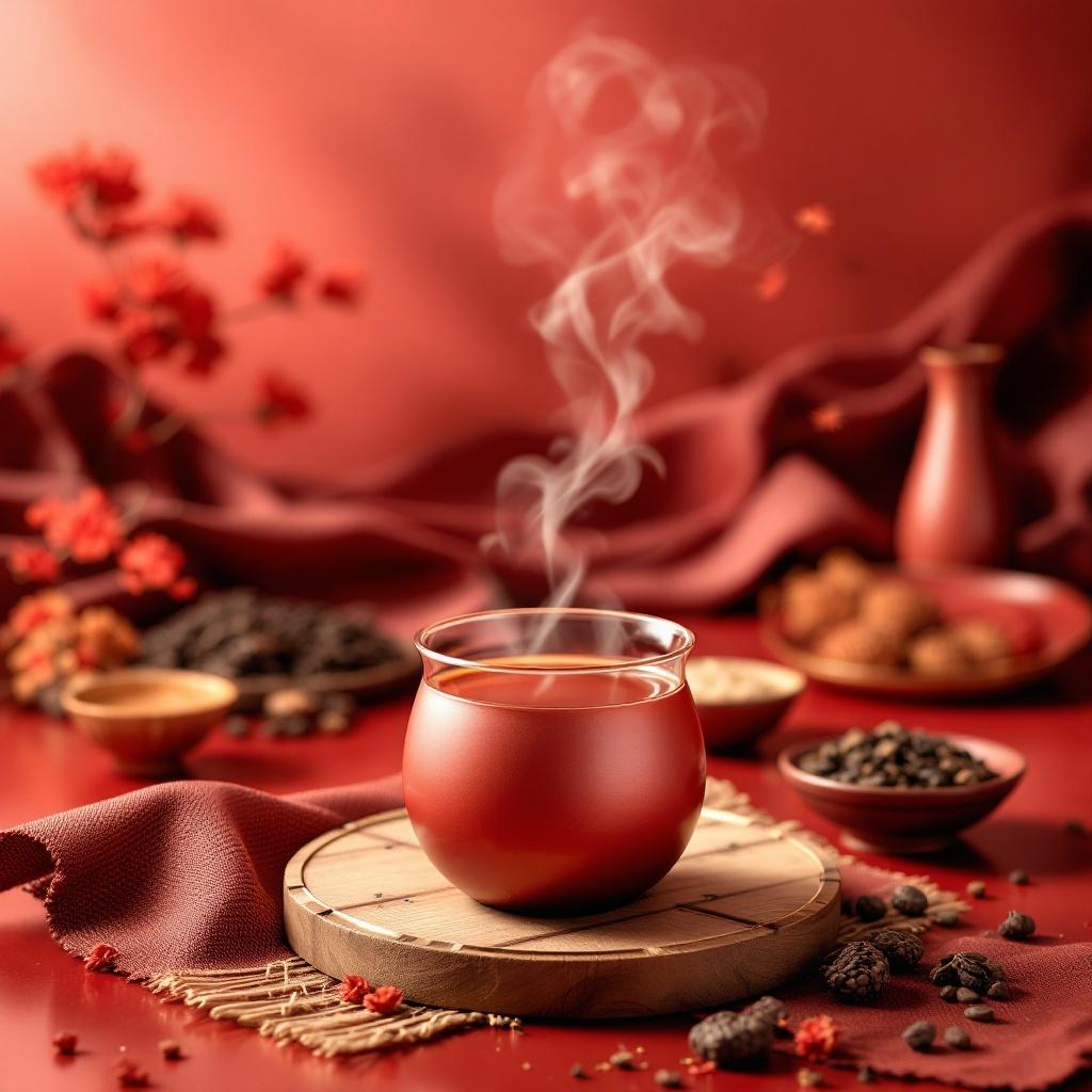 Professional stock design showcases Chinese Gongfu tea. Surreal graphics style features hyperrealistic visuals. Focus on textures and details. Steaming tea in a unique glass on a decorative wooden base. Background filled with cultural elements and rich colors.