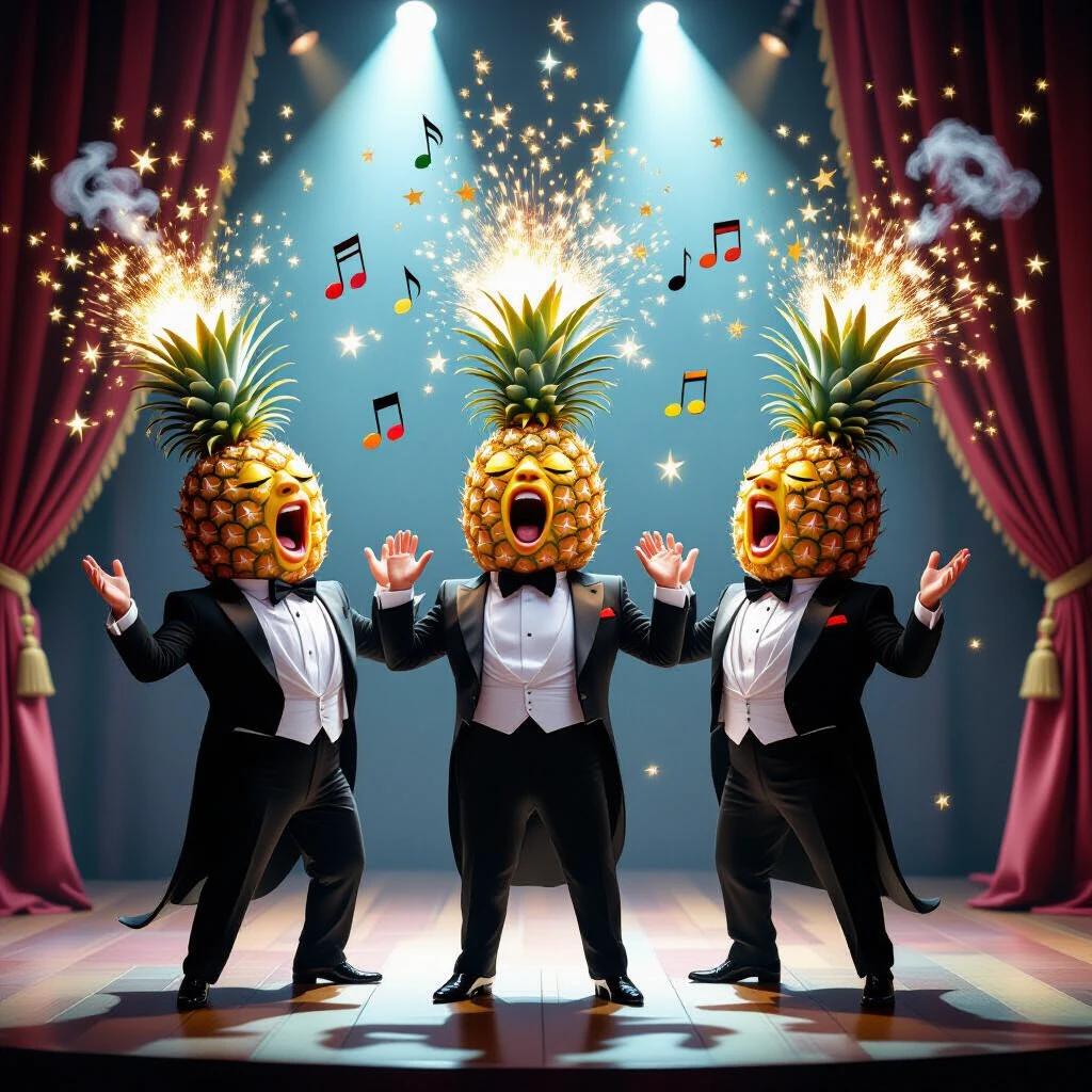 Hyper-realistic pineapples with expressive faces. They wear black tuxedos and bow ties. They stand on a theatrical stage. They sing opera dramatically. Their mouths are wide open and eyes are closed. Spotlight lighting is directed at them. They hit a high note. Each pineapple explodes in slow motion. A burst of glitter and colorful smoke follows. Floating musical notes surround them. The background is surreal. Curtains made of tropical fruits frame the scene. Stage lights are shaped like ice cream cones. Magical sparkles are present. Studio lighting and cinematic motion blur enhance the image.