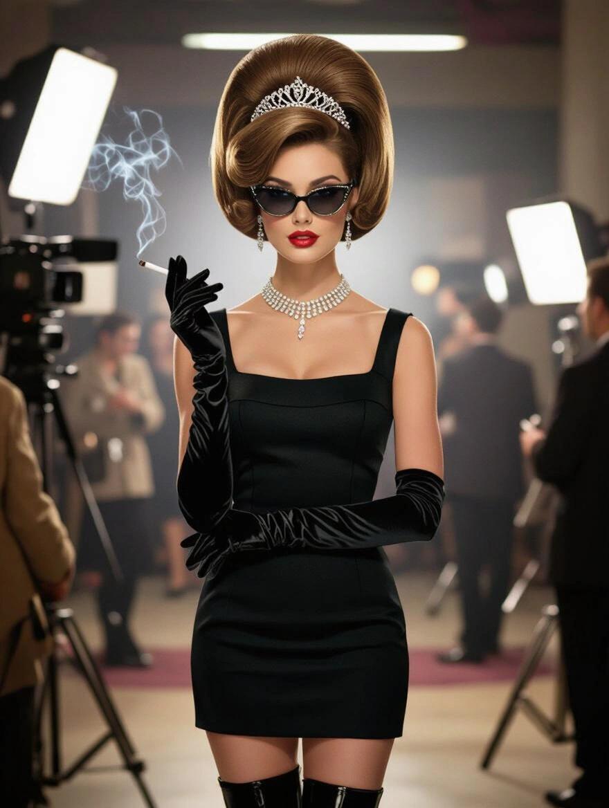 A portrait of a woman with a beehive hairstyle and cat-eye sunglasses. She is in a mini-dress with gloves and boots. The scene includes a film set with cameras and crew. The style is inspired by David Bailey's fashion photography.