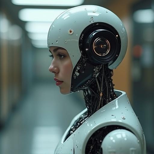 A humanoid robot girl depicted in a futuristic setting. The design features a sleek, white surface with intricate robotic elements.