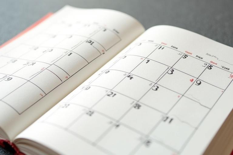 Opened calendar pages with empty spaces for dates and appointments. Calendar layout with no specific events. Elegant design features clean lines and gentle colors.