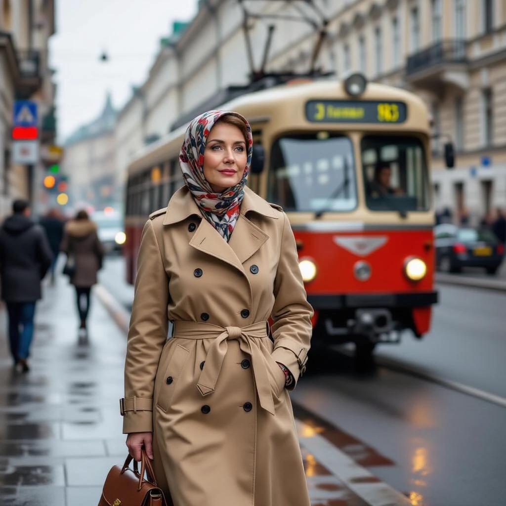Ultra realistic image captures a woman in a beige trench coat with a headscarf walking on a wet sidewalk in Moscow. The woman is turning her head sideways toward the photographer with a leather handbag. In the blurred background, a moving retro tram can be seen. The scene is detailed with Soviet-era architecture and vintage street elements.