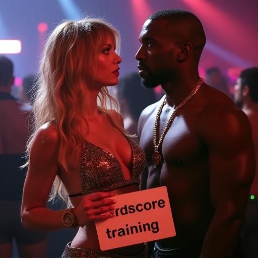 Scene in a nightclub. Two individuals standing close. A woman with long blonde hair holding a sign. A man standing beside her. Vibrant lighting in the background.