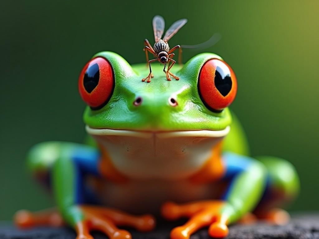 The image features a vibrant green frog with striking red eyes, sitting still. A small fly perches on the frog's forehead, creating a playful interaction. The background is blurred with a soft green hue, emphasizing the subjects in focus. The frog's limbs and body showcase a variety of colors, adding to its visual appeal. This scene captures a moment in nature that highlights the relationship between predator and prey, showcasing the beauty of wildlife.