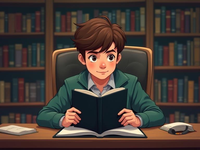 Young boy sits in a library at a desk with a closed black notebook. He has a gentle expression and holds his hand on the notebook. Shelves of books are in the background.