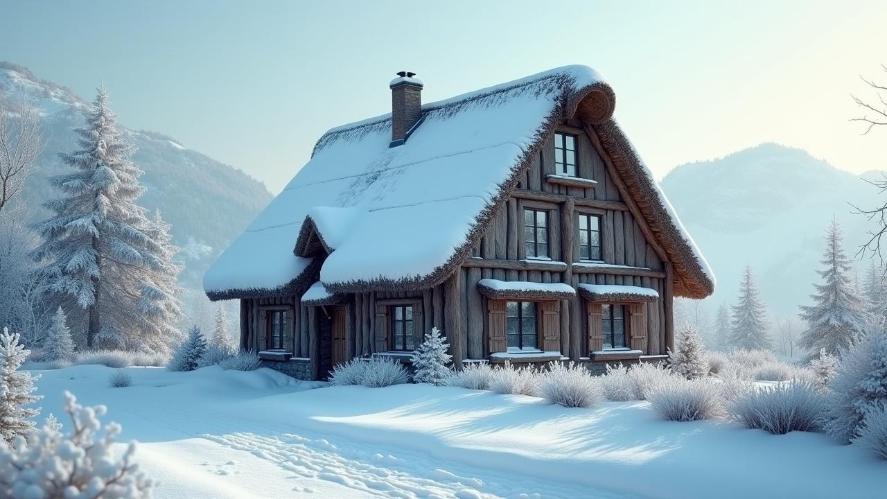 This image captures a quaint thatched house blanketed in a delicate layer of snow, set against a beautiful mountain backdrop lightly dusted with snow. The soft light bathes the scene, creating a tranquil winter atmosphere. The house features classic architecture that reflects a cozy, rustic charm. Surrounding pine trees and shrubbery enhance the winter wonderland feel of the image. This realistic depiction evokes a sense of warmth and serenity despite the cold setting.