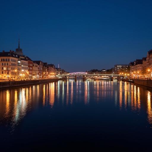 Mainz waterfront at night. Calm river showing reflections of city lights. Captivating urban landscape. Buildings along the riverside illuminated.