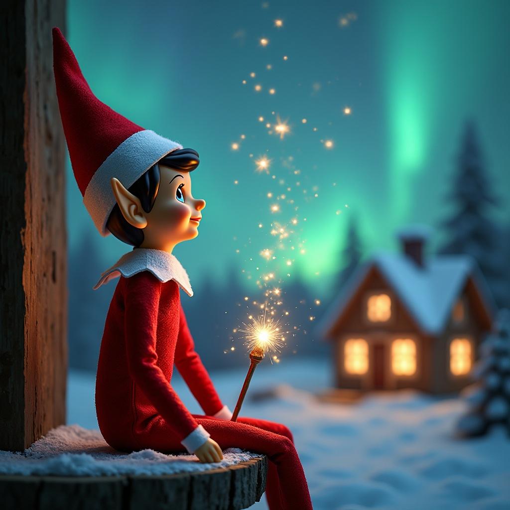 An elf sits on a tree stump gazing skyward. The elf holds a magic wand that glows. Colorful northern lights illuminate the scene. A cozy house appears in the distance. Snow covers the ground. The elf represents the magic of Christmas. The names ‘Trygve & Erica’ appear in glowing letters from the wand.