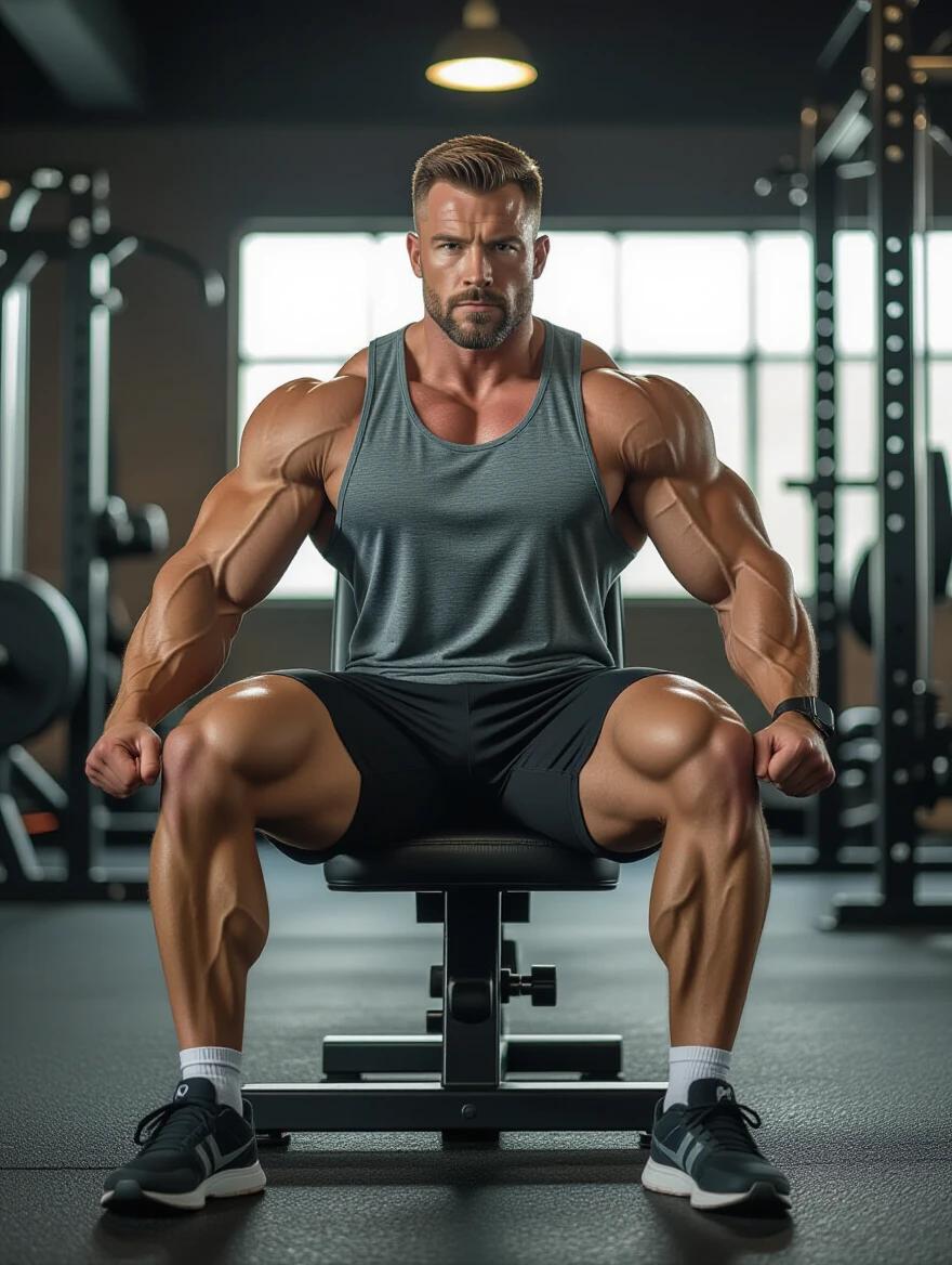 A muscular man seated on a leg extension machine in a gym. He is flexing his quads. He is wearing a sleeveless gym tank top and shorts. The lighting highlights his muscle definition in a professional and cinematic style. The environment is a modern gym setting.