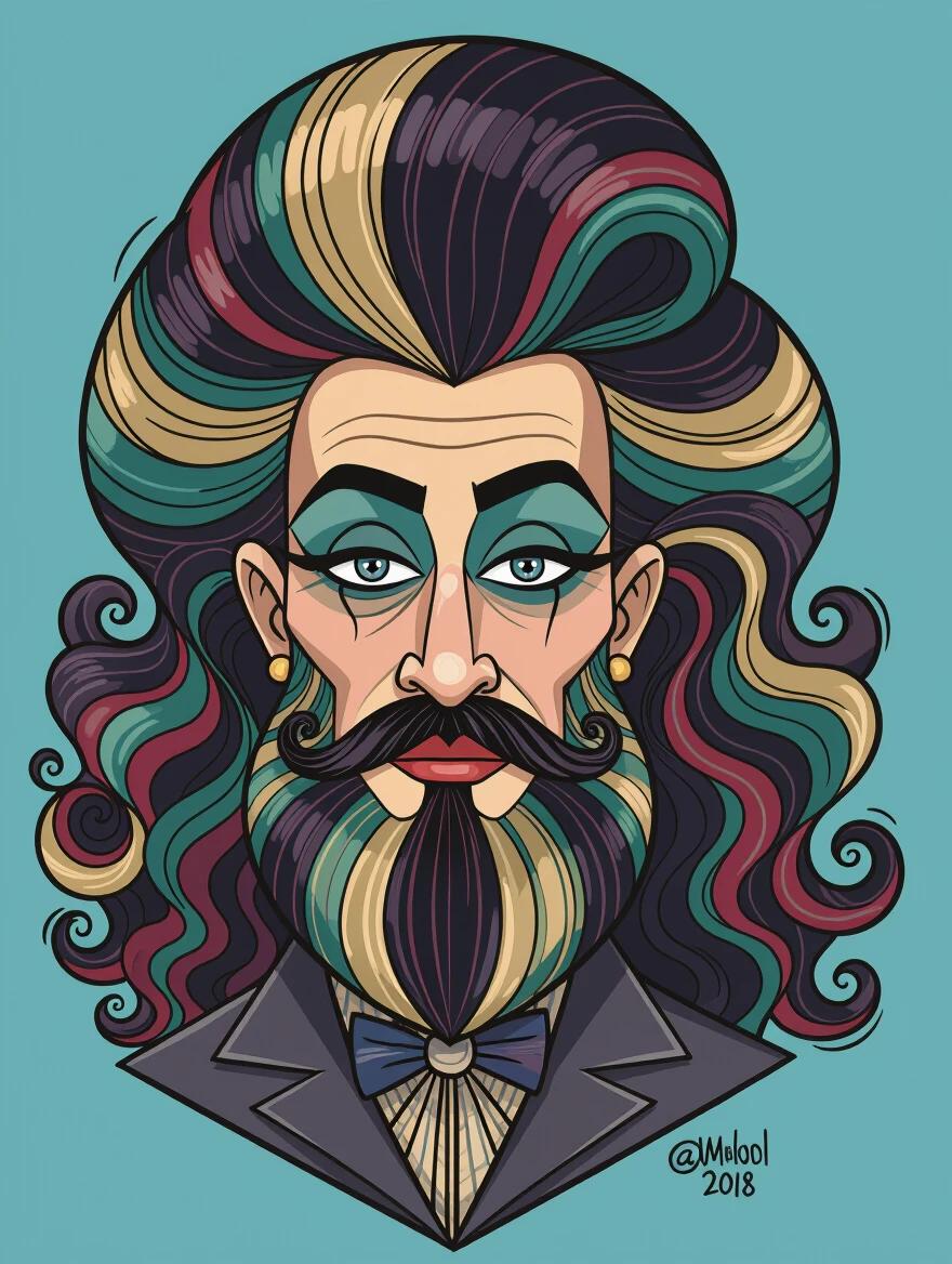 Caricature drawing showcases exaggerated features with voluminous hair and beard. Hair and beard are striped with deep colors. Stage makeup accentuates eye details. Elegant garment with bow is depicted. Artwork displays bold outlines against a solid background.