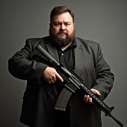 Obese man holding a gun in a serious manner. Dark background to emphasize subject. Focused expression and strong posture.