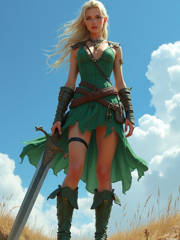 Female warrior stands confidently in a green tattered dress and boots. She holds a large sword. The background features a bright blue sky with fluffy clouds. The shot is taken from a low angle enhancing her heroic stance. Highly detailed digital art.