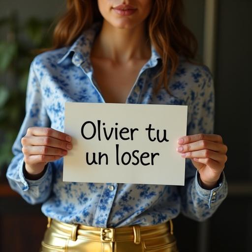 Woman on webcam. She wears a satin blue and white patterned silk shirt with gold rubber trousers. Holding a paper that says 'Olivier tu es un loser.'