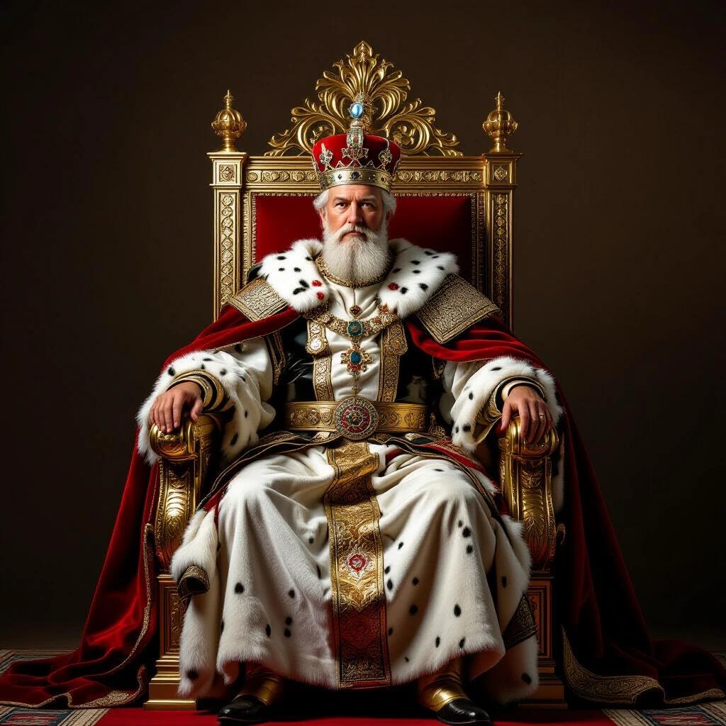 An emperor seated on a grand throne. The emperor wears luxurious attire adorned with a fur cape and royal accessories. The throne is elaborately designed with gold accents. The background is dark enhancing the throne's grandeur.