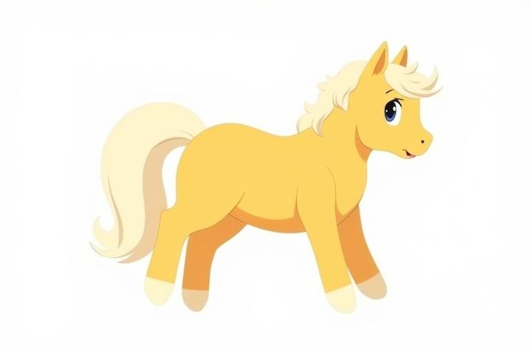 Cute golden-yellow horse with white mane and tail on a plain background. Appears friendly and cartoonish.