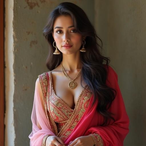 Beautiful adult girl wearing Punjabi traditional attire. Fit body. Medium size breasts. Fair skin tone. Long hair. Elegant jewelry. Soft natural light. Front-facing pose.