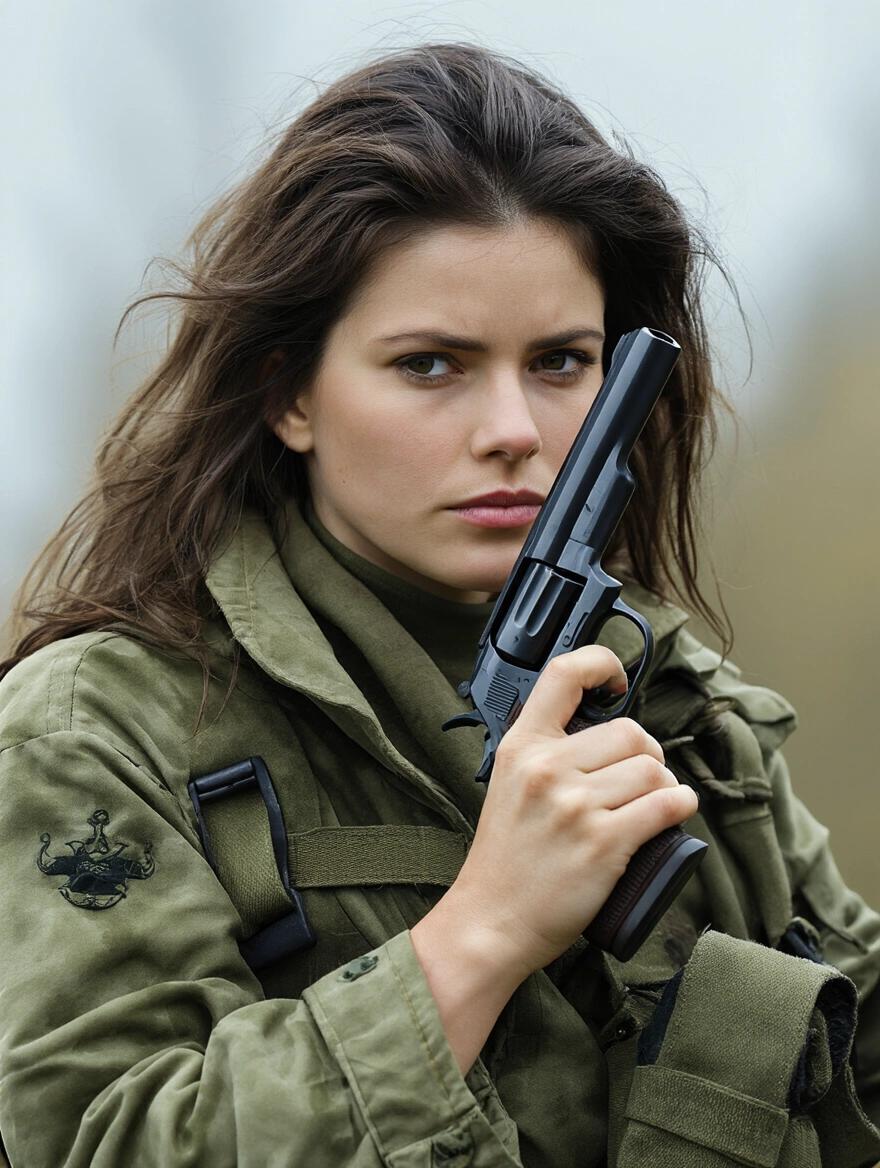 A woman in military attire holding a short revolver. She has long hair and a serious expression. The setting is outdoors, with a soft focus on the background.