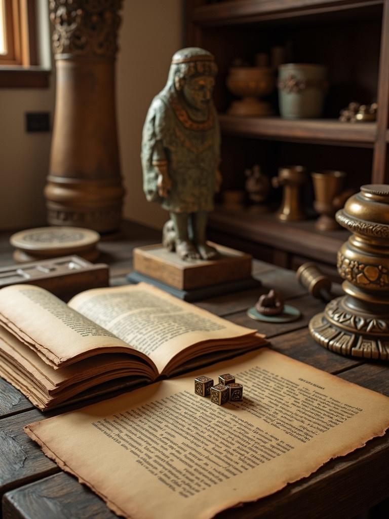 Market stall showcasing manuscripts and encrypted letters. Artifacts relate to Aztec and Egyptian civilizations. Rolling dice positioned on an ancient book. Decorative sculpture in background. Old-world charm with vintage desk materials. Rich textures and colors of historical significance.