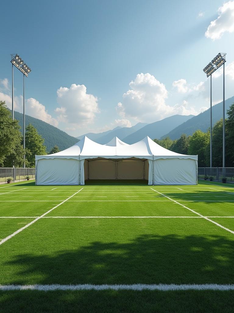 A football field features a large 60x120 white tent at the center. Two smaller 20x20 tents are positioned on either side of the large tent. The surrounding area has well-maintained green grass and is flanked by mountains in the background.