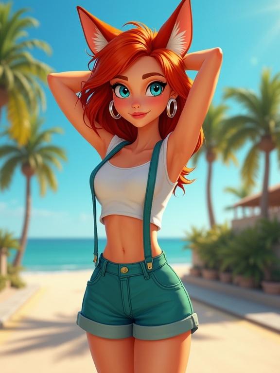 A Disney-inspired female fox character with red hair and blue eyes wearing teal high-waisted shorts and a white crop top. Character poses with arms raised behind head, features hoop earrings and playful expression. Background includes palm trees and a beach on a bright summer day.