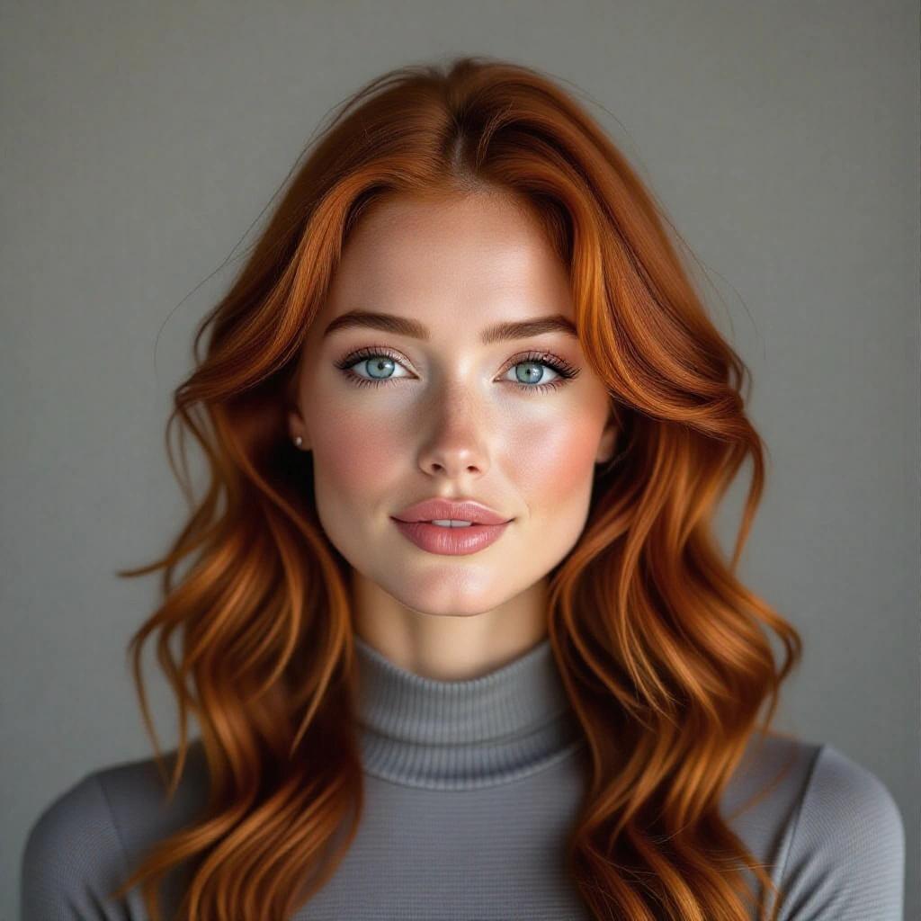 Photorealistic portrait of a woman with long tousled wavy red hair. She has blue eyes and full lips. Natural skin texture with visible pores and subtle smile lines. Head tilted slightly. Wearing a grey form-fitting bodysuit against a grey backdrop. Sharp focus.