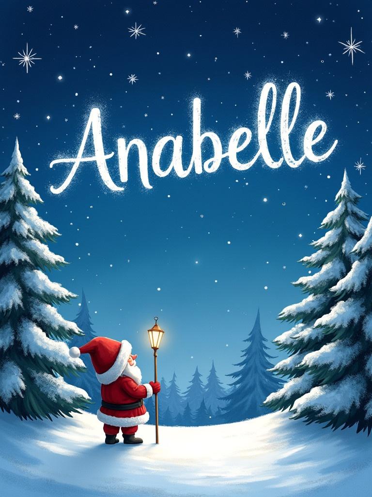 Beautiful winter wonderland scene with Santa writing Anabelle in the sky. Background features rich blue night sky filled with twinkling stars. Tall evergreen trees covered in snow. White snow blankets the ground, creating a serene atmosphere. Artwork embodies holiday charm and personalization. Appeals to children and adults.