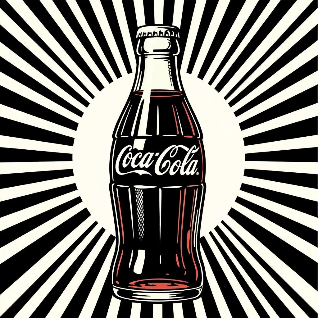 High-contrast halftone-style illustration of a classic glass Coca-Cola bottle. Centered, upright bottle with visible embossed logo. Black and white using bold lines and halftone dot shading. Retro screenprint look. Minimalistic solid background with clean edges. Designed for sublimation or screen printing. 4K resolution, ink-friendly, high detail for print media.