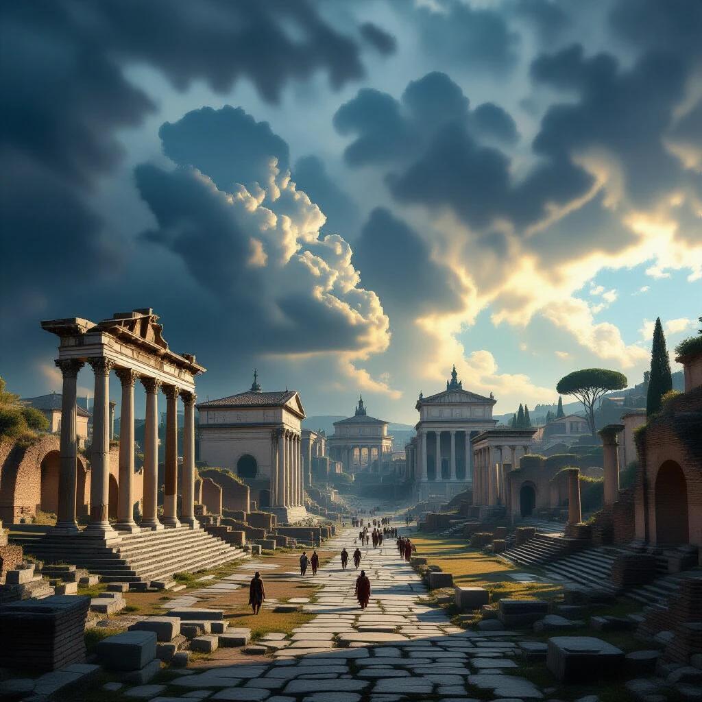 A vast Roman forum in ruins. Dramatic clouds swirl intensely above indicating a storm. Scene showcases hyper-realistic details. 8K resolution.