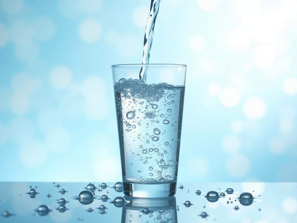 A clear glass is filled with water, and water is being poured into it from above. The scene captures multiple bubbles rising to the surface. Around the glass, droplets of water can be seen on a shiny surface, emphasizing the freshness. The background is softly blurred with pale blue tones, creating a calm atmosphere. Light reflects off the water and the glass, adding to the image's clarity and purity. The overall feeling of the photo is refreshing and invigorating.