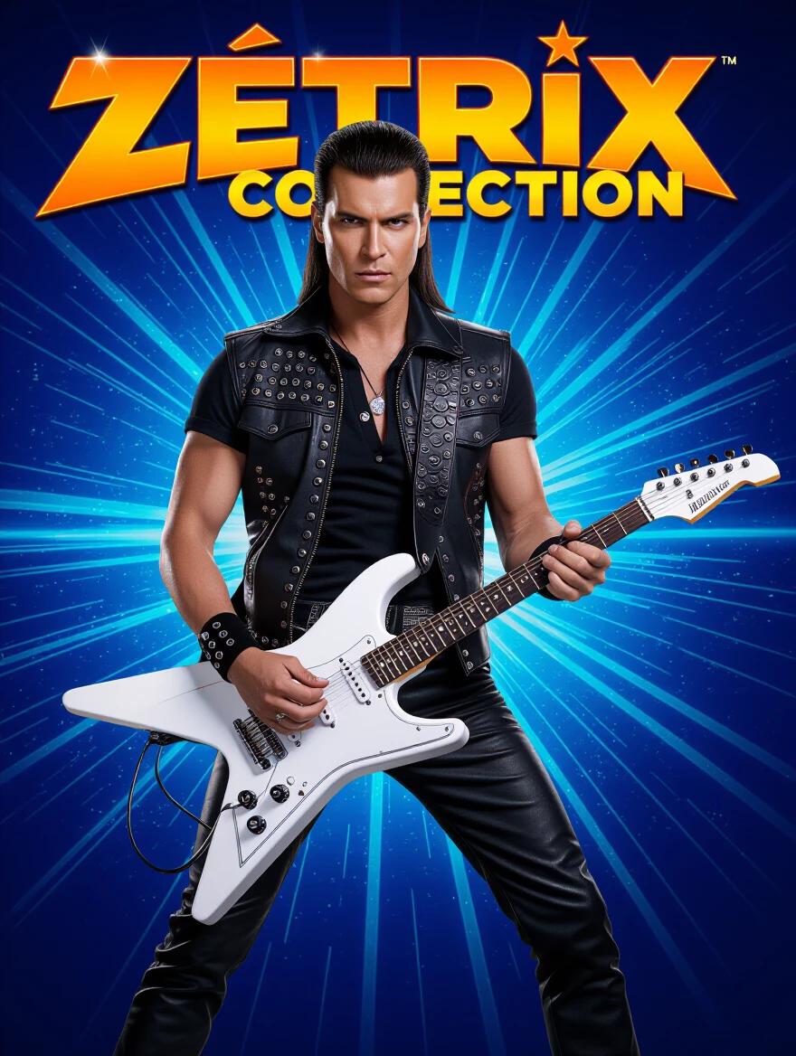 A rock musician stands confidently holding a white electric guitar. The background evokes a starburst effect. The musician wears a black shirt with rivets and leather pants. Hair is long and slicked back, embodying the 80s rock aesthetic. This image is vibrant and colorful, capturing the essence of an action movie poster.