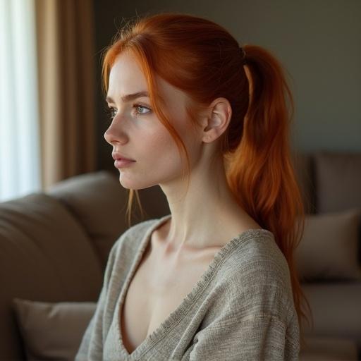 Portrait of a woman with ginger hair in a ponytail. She has a calm expression. The woman is sitting on a couch. The setting is cozy and warm.