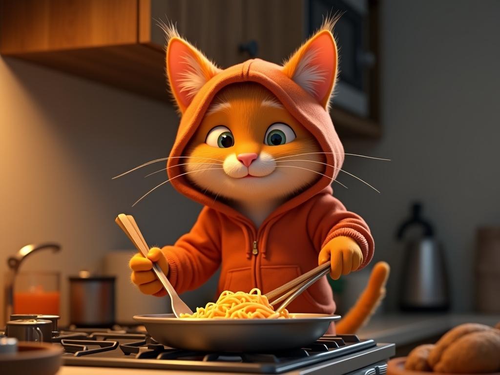 Pixar-style 3D orange tabby cat cooking instant noodles at night. Cat wears hoodie. Relaxed and proud expression. Kitchen setting with warm lighting.